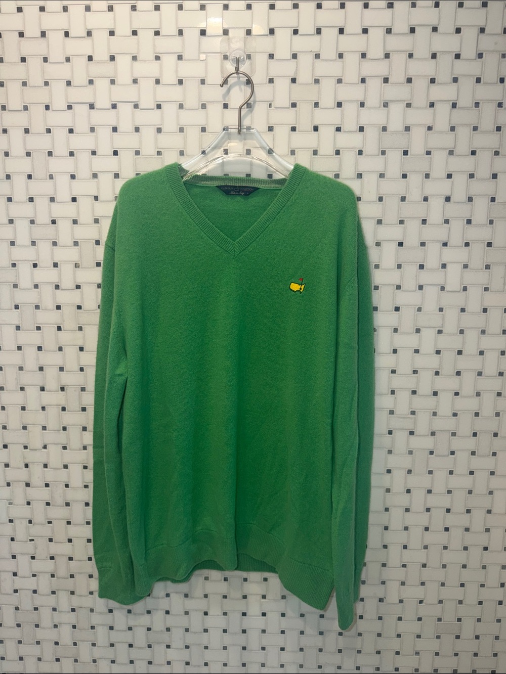 Green V-Neck Sweater with Yellow Logo - Men's
